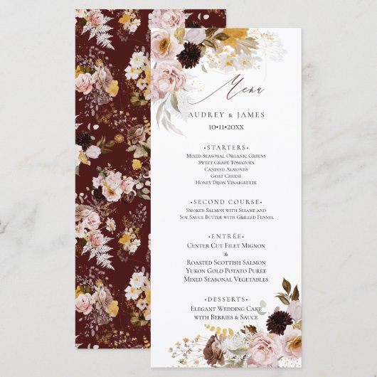PixDezines  Herfst Flowers Blush Burgundy Menu (Voorkant / Achterkant)