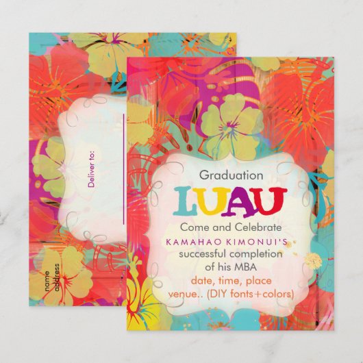 PixDezines hibiscus/afstuderen/luau/DIYevent Uitnodiging Briefkaart (Voorkant / Achterkant)