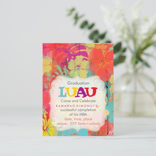 PixDezines hibiscus/afstuderen/luau/DIYevent Uitnodiging Briefkaart (Staand voorkant)