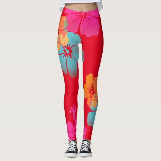 PixDezines Hibiscus/Roze/Sinaasappel/Aqua/DIY Acht Leggings (Voorkant)