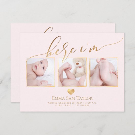 PixDezines Hier ben ik geboorte aankondiging/hart Aankondigingskaart (Voorkant / Achterkant)