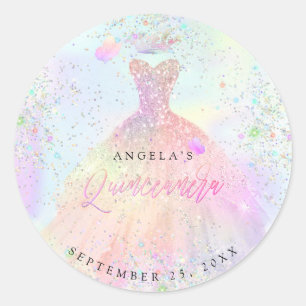 PixDezines Holographic Quinceanera Gown Glitter Ronde Sticker