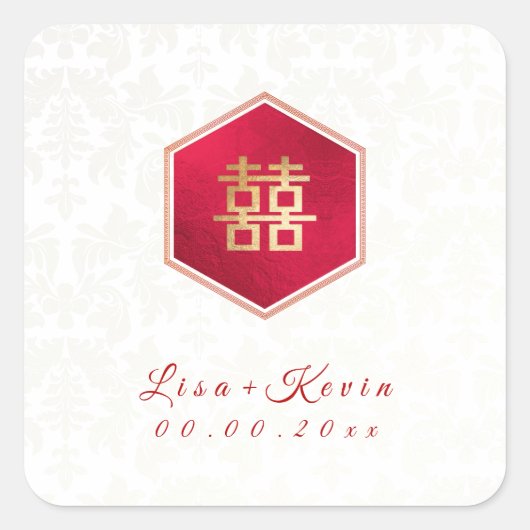 PixDezines Honingraat Chinees Dubbel geluk Vierkante Sticker (Voorkant)