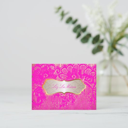 PixDezines HOT PINK LACE Visitekaartje (Staand voorkant)
