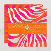 PixDezines Hot Pink+Oranje Zebra, BBT Mitzvah Kaart (Voorkant / Achterkant)