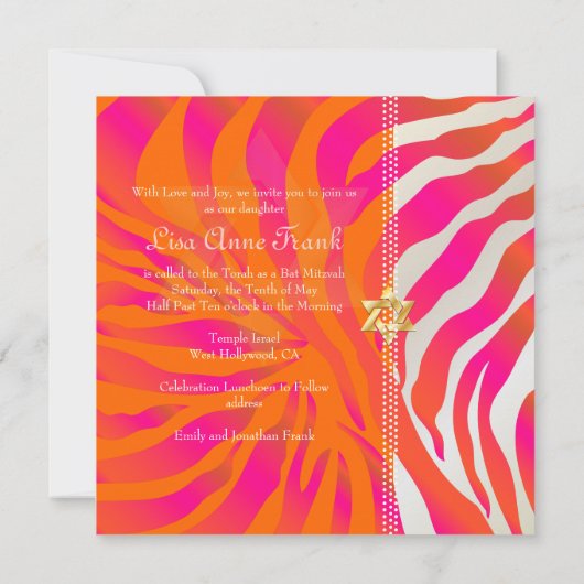 PixDezines Hot Pink+Oranje Zebra, BBT Mitzvah Kaart (Achterkant)