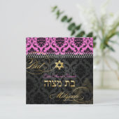PixDezines Hot Pink Vendome Damask, Bat Mitswa Kaart (Staand voorkant)