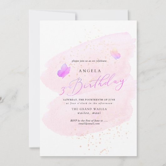 PixDezines Hot Pink Vlinders Waterverf Kaart (Achterkant)