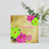 PixDezines hot roze+neon green hibiscus+monstera Kaart (Staand voorkant)