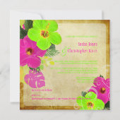 PixDezines hot roze+neon green hibiscus+monstera Kaart (Achterkant)