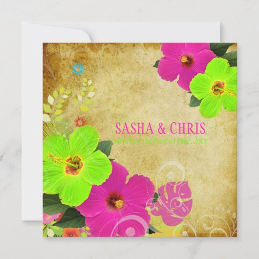 PixDezines hot roze+neon green hibiscus+monstera Kaart (Voorkant)