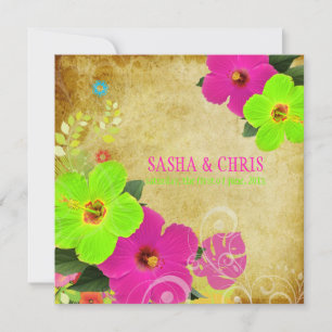 PixDezines hot roze+neon green hibiscus+monstera Kaart