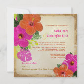 PixDezines hot roze + oranje hibiscus+monstera Kaart (Achterkant)