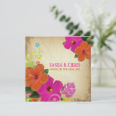 PixDezines hot roze + oranje hibiscus+monstera Kaart (Staand voorkant)