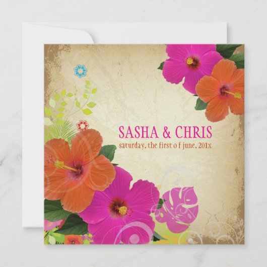 PixDezines hot roze + oranje hibiscus+monstera Kaart (Voorkant)