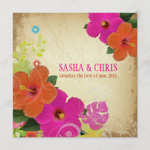 PixDezines hot roze + oranje hibiscus+monstera Kaart