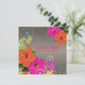 PixDezines hot roze + oranje hibiscus+monstera Kaart (Staand voorkant)