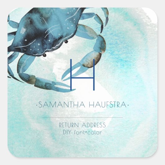 PixDezines Indigo Blauwe krab Monogram Strand Vierkante Sticker (Voorkant)