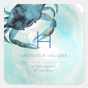 PixDezines Indigo Blauwe krab Monogram Strand Vierkante Sticker