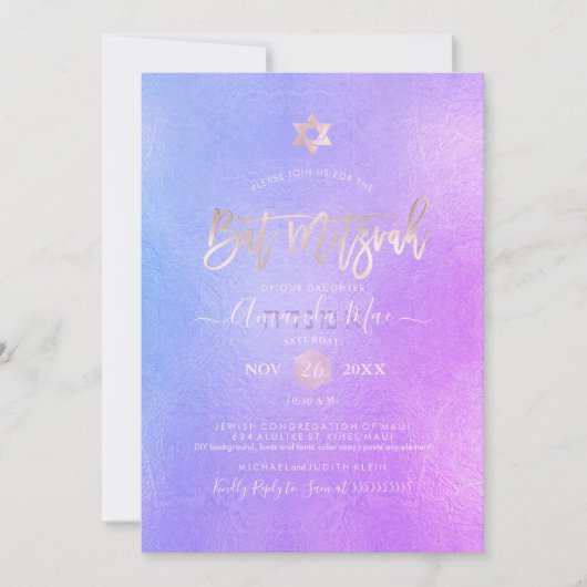PixDezines Iridescent Paarse Ombre Bat Mitzvah Kaart (Voorkant)