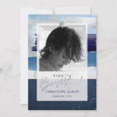 PixDezines Kleurenblok Blues+Zilveren Bar Mitswa Kaart (Voorkant)