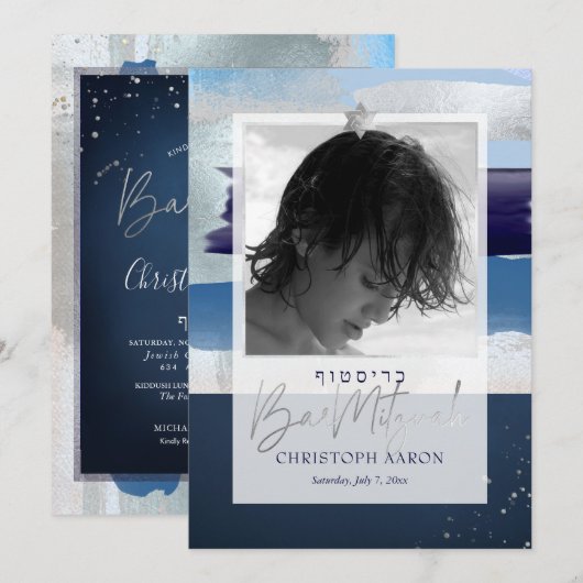 PixDezines Kleurenblok Blues+Zilveren Bar Mitswa Kaart (Voorkant / Achterkant)