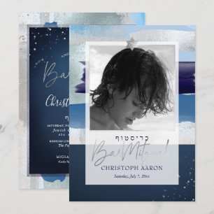 PixDezines Kleurenblok Blues+Zilveren Bar Mitswa Kaart