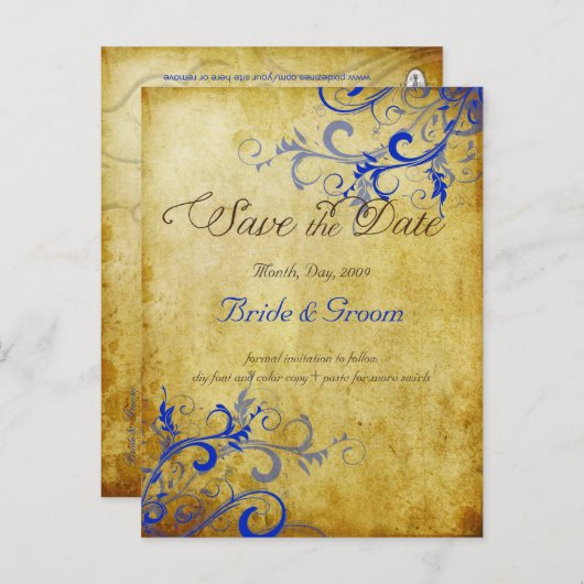 PixDezines kobalt bl swirls+faux perkament Aankondigingskaart (Voorkant / Achterkant)