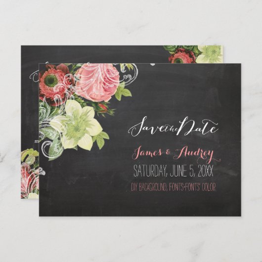 PixDezines krijtbord opslaan van de datum /  rozen Aankondigingskaart (Voorkant / Achterkant)