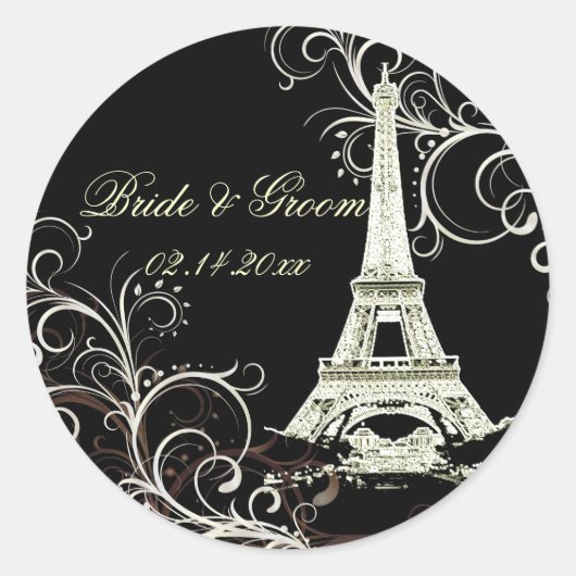 PixDezines La Tour Eiffel+Swirls Ronde Sticker (Voorkant)