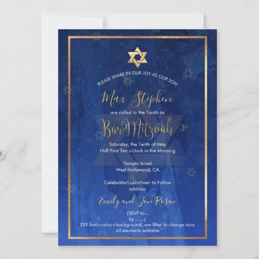 PixDezines Large, Bar Mitswa Navy Blue Waterverf Kaart (Achterkant)