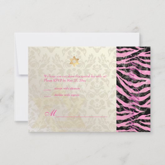 PixDezines LARGE RSVP Zebra/Damask Bat Mitzvah Kaartje (Voorkant)