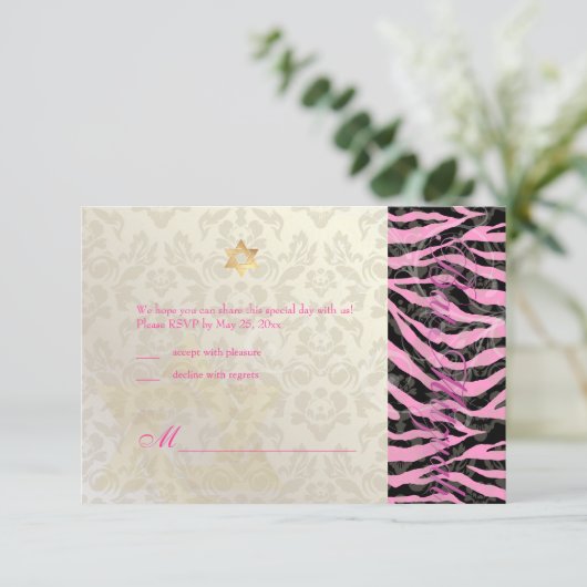 PixDezines LARGE RSVP Zebra/Damask Bat Mitzvah Kaartje (Staand voorkant)