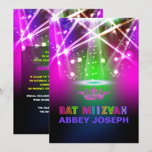 PixDezines Laser / Neon Lights Bat Mitswa Kaart (Voorkant / Achterkant)