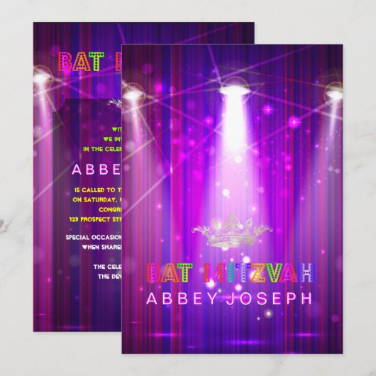 PixDezines Laser/Neon Lights Bat Mitzvah Kaart (Voorkant / Achterkant)