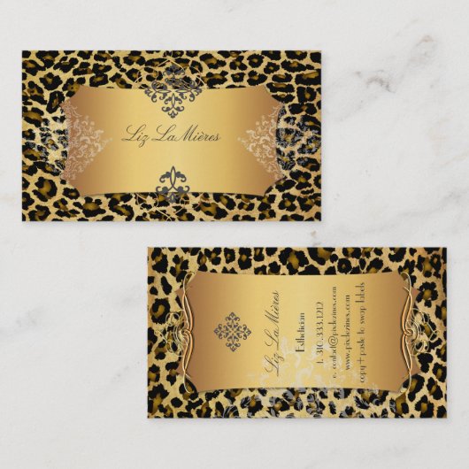 PixDezines  leopard+damask Visitekaartje (Voorkant / Achterkant)