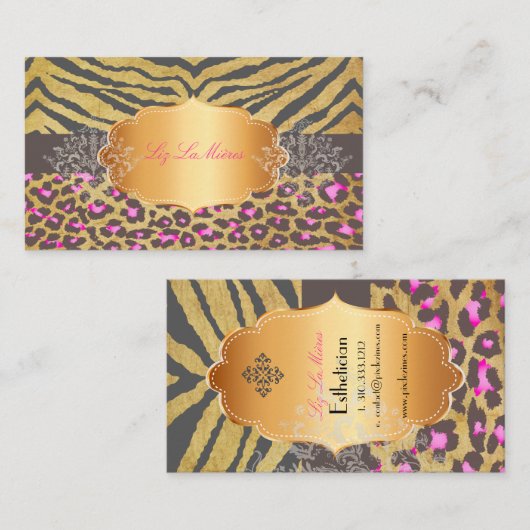 PixDezines  LEOPARD+ZEBRA+FAUX+GOLD+LABEL Visitekaartje (Voorkant / Achterkant)