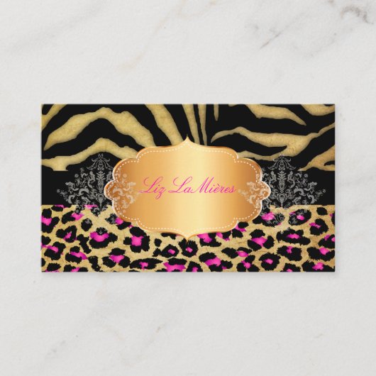 PixDezines  LEOPARD+ZEBRA+FAUX+GOLD+LABEL Visitekaartje (Voorkant)