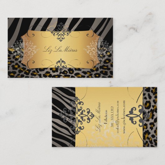 PixDezines LEOPARD+ZEBRA+FAUX+GOLD+LABEL Visitekaartje (Voorkant / Achterkant)