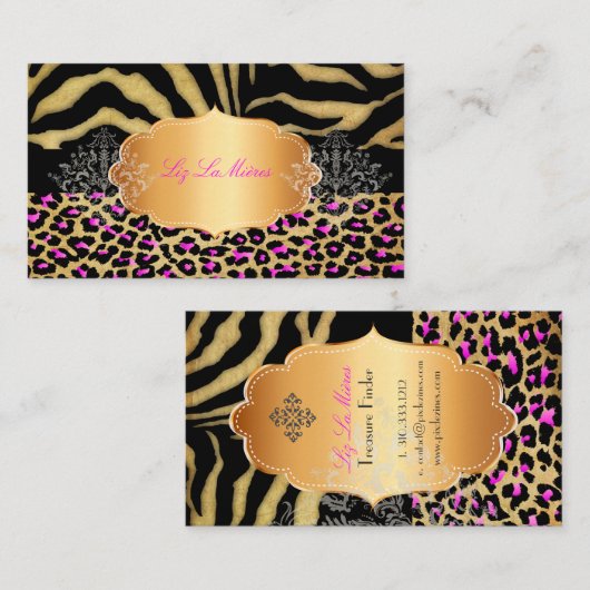 PixDezines LEOPARD+ZEBRA+FAUX+GOLD+LABEL Visitekaartje (Voorkant / Achterkant)