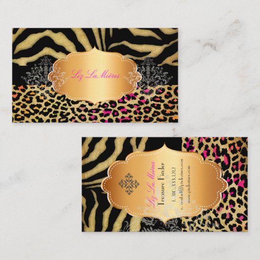 PixDezines  LEOPARD+ZEBRA+FAUX+GOLD+LABEL Visitekaartje (Voorkant / Achterkant)