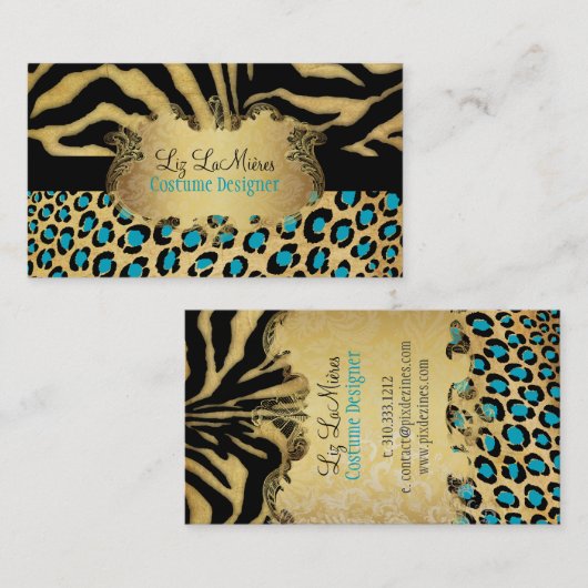 PixDezines  LEOPARD+ZEBRA+FAUX+GOLD+LABEL Visitekaartje (Voorkant / Achterkant)