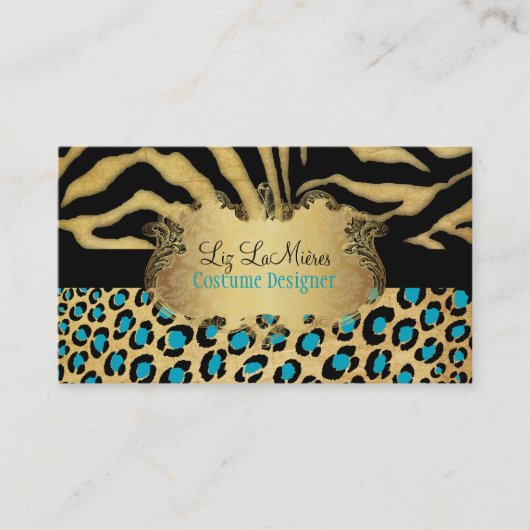 PixDezines  LEOPARD+ZEBRA+FAUX+GOLD+LABEL Visitekaartje (Voorkant)