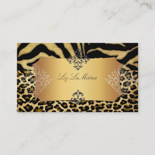 PixDezines  LEOPARD+ZEBRA+FAUX+GOLD+LABEL Visitekaartje (Voorkant)