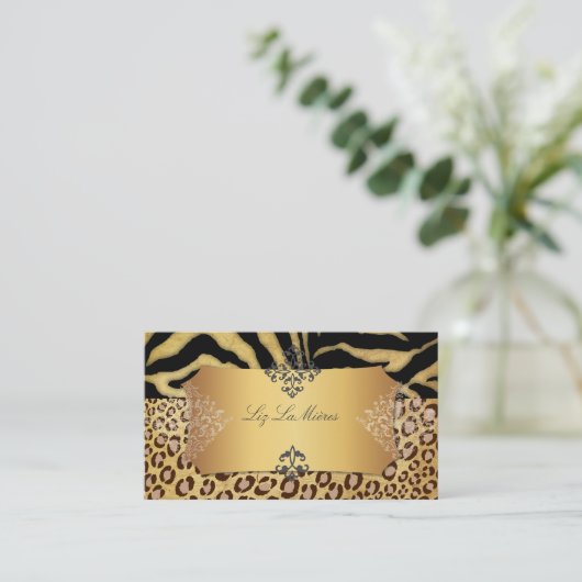 PixDezines LEOPARD+ZEBRA+FAUX+GOLD+LABEL Visitekaartje (Staand voorkant)