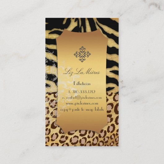 PixDezines  LEOPARD+ZEBRA+FAUX+GOLD+LABEL Visitekaartje (Achterkant)