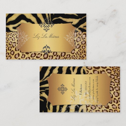 PixDezines LEOPARD+ZEBRA+FAUX+GOLD+LABEL Visitekaartje (Voorkant / Achterkant)