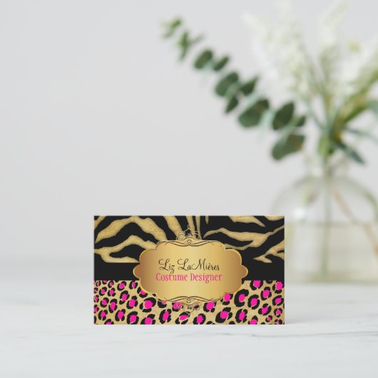 PixDezines LEOPARD+ZEBRA+FAUX+GOLD+LABEL Visitekaartje (Staand voorkant)