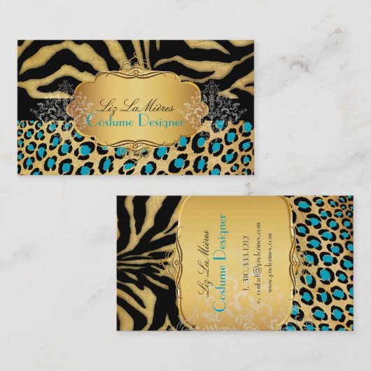 PixDezines LEOPARD+ZEBRA+FAUX+GOLD+LABEL Visitekaartje (Voorkant / Achterkant)