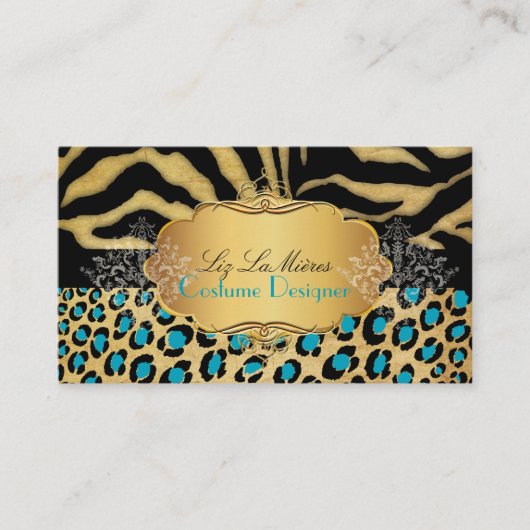 PixDezines  LEOPARD+ZEBRA+FAUX+GOLD+LABEL Visitekaartje (Voorkant)